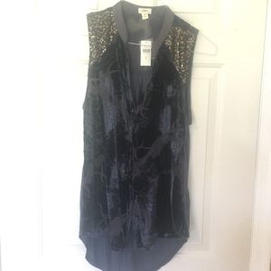 Womens NEW Dark Blue Velvet Floral Blouse